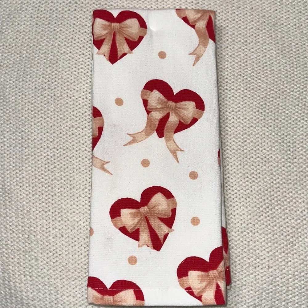 SC Valentine’s Day White Red Beige Heart & Bows Cotton Blend Tea Kitchen Towels